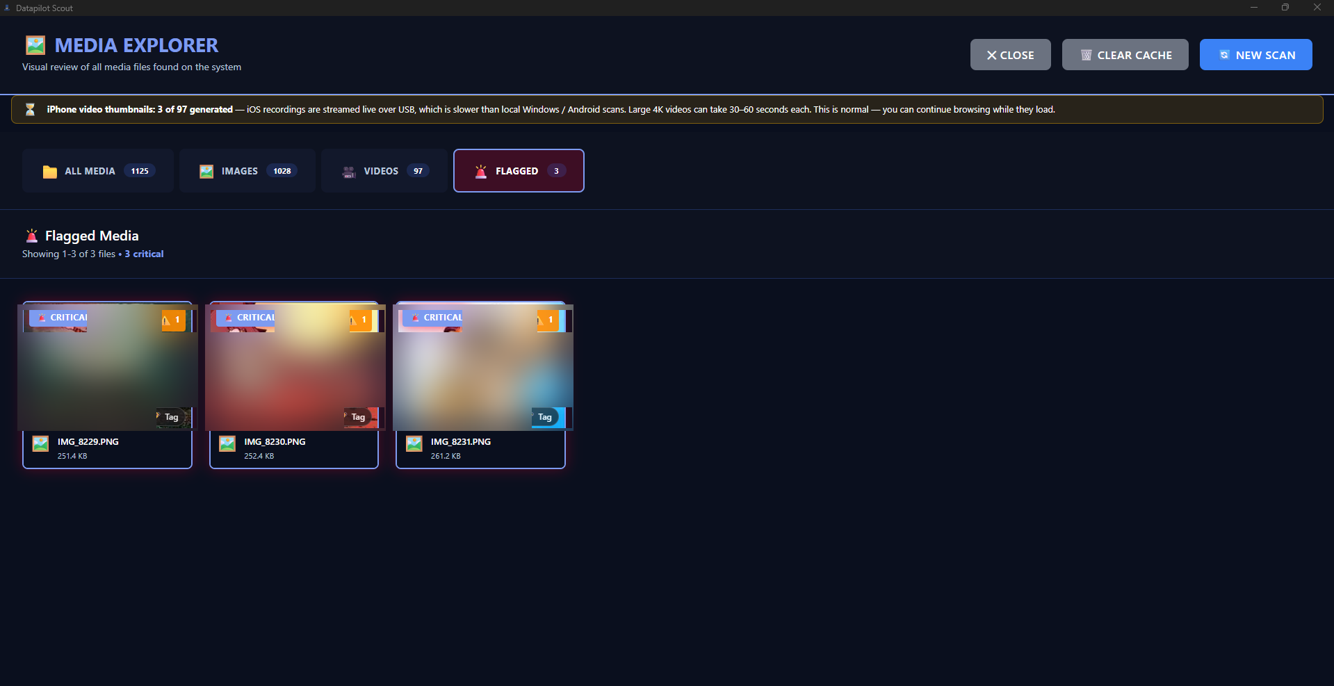iOS Media Explorer — live triage thumbnails with critical flags