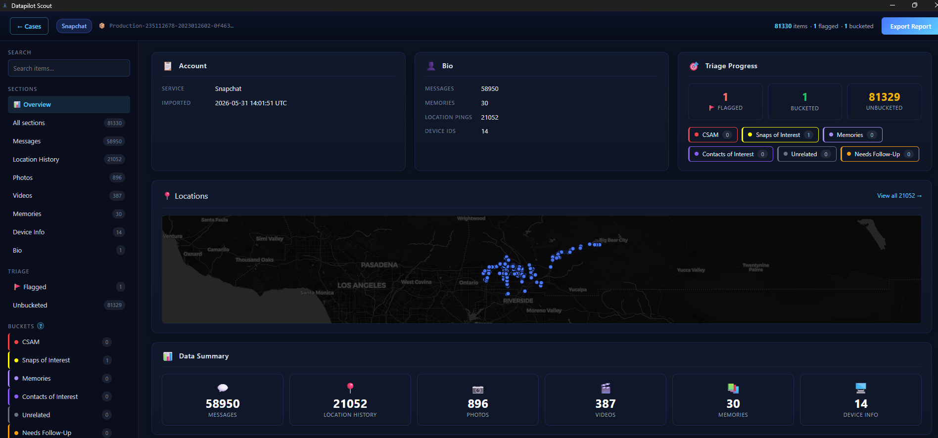 Snapchat warrant overview — Account, Bio, Triage Progress, Locations map, Summary stats